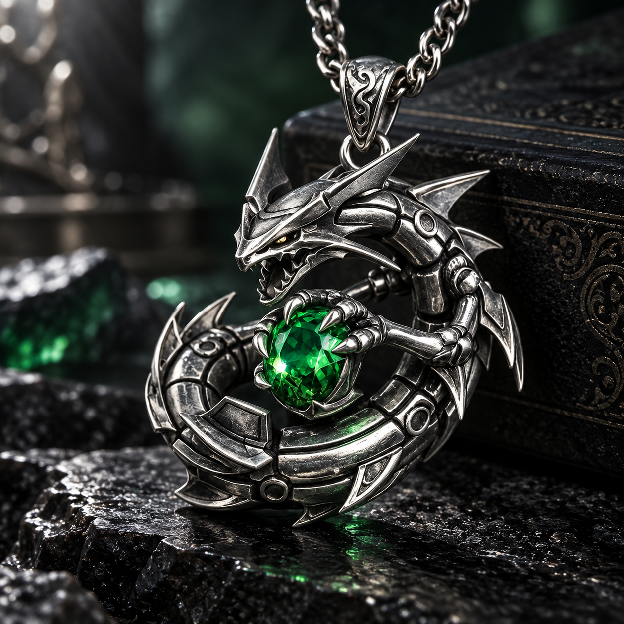 Mecha Coiled Dragon Emerald Pendant – Sculptural 925 Sterling Silver with Encircling Mecha Dragon, Vibrant Emerald Centerpiece & Armored Scale Plating
