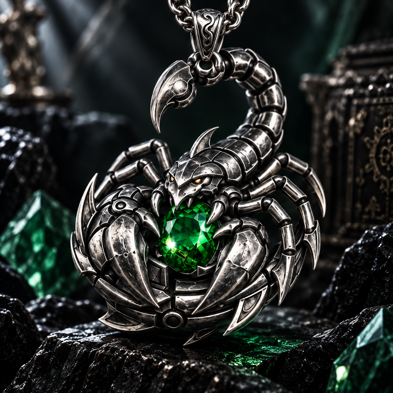 Mecha Coiled Dragon Emerald Pendant – Sculptural 925 Sterling Silver with Encircling Mecha Dragon, Vibrant Emerald Centerpiece & Armored Scale Plating