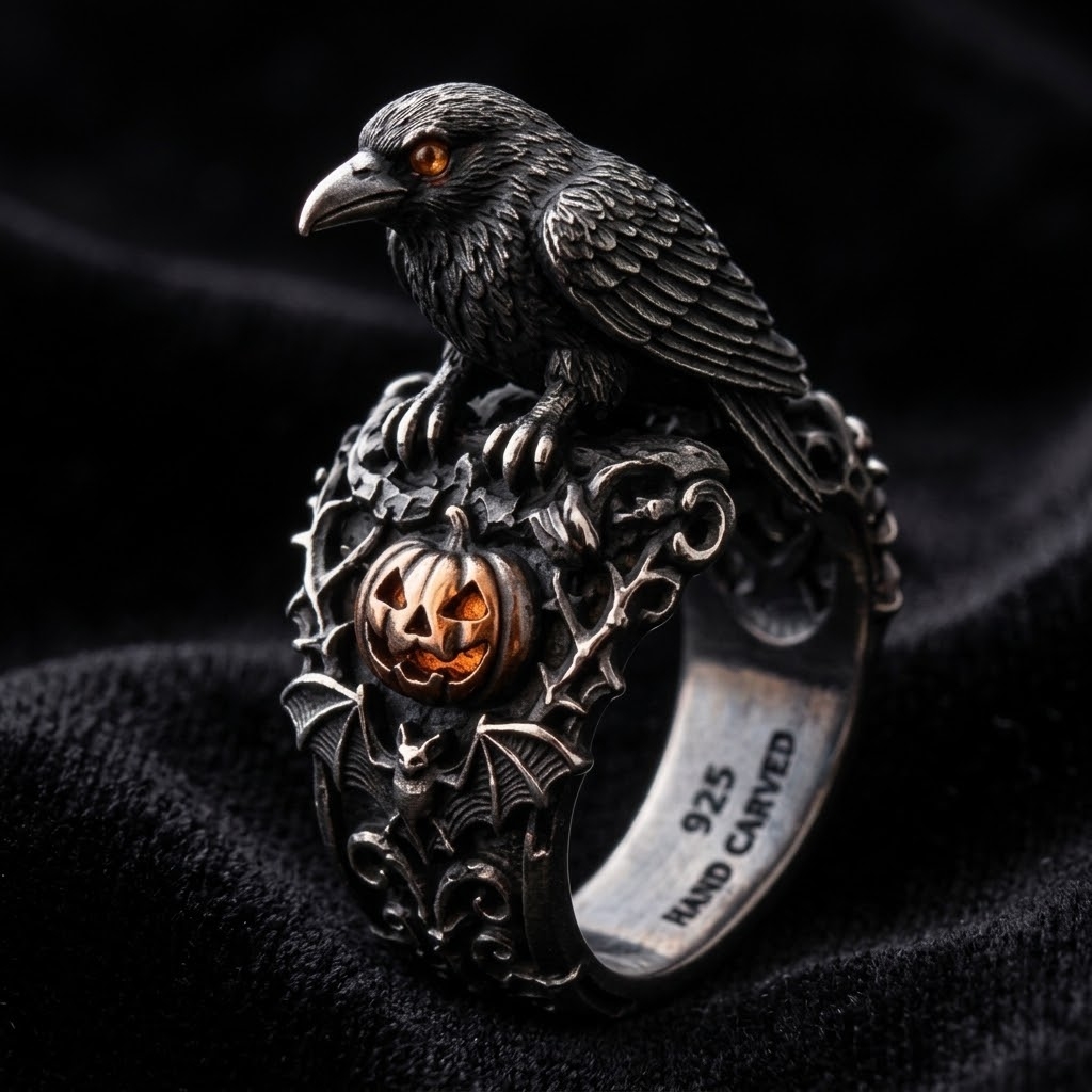 Black Cat Ring – Sculptural 925 Sterling Silver with Black Cat & Pumpkin Lantern, Gothic Halloween Jewelry - namenecklace