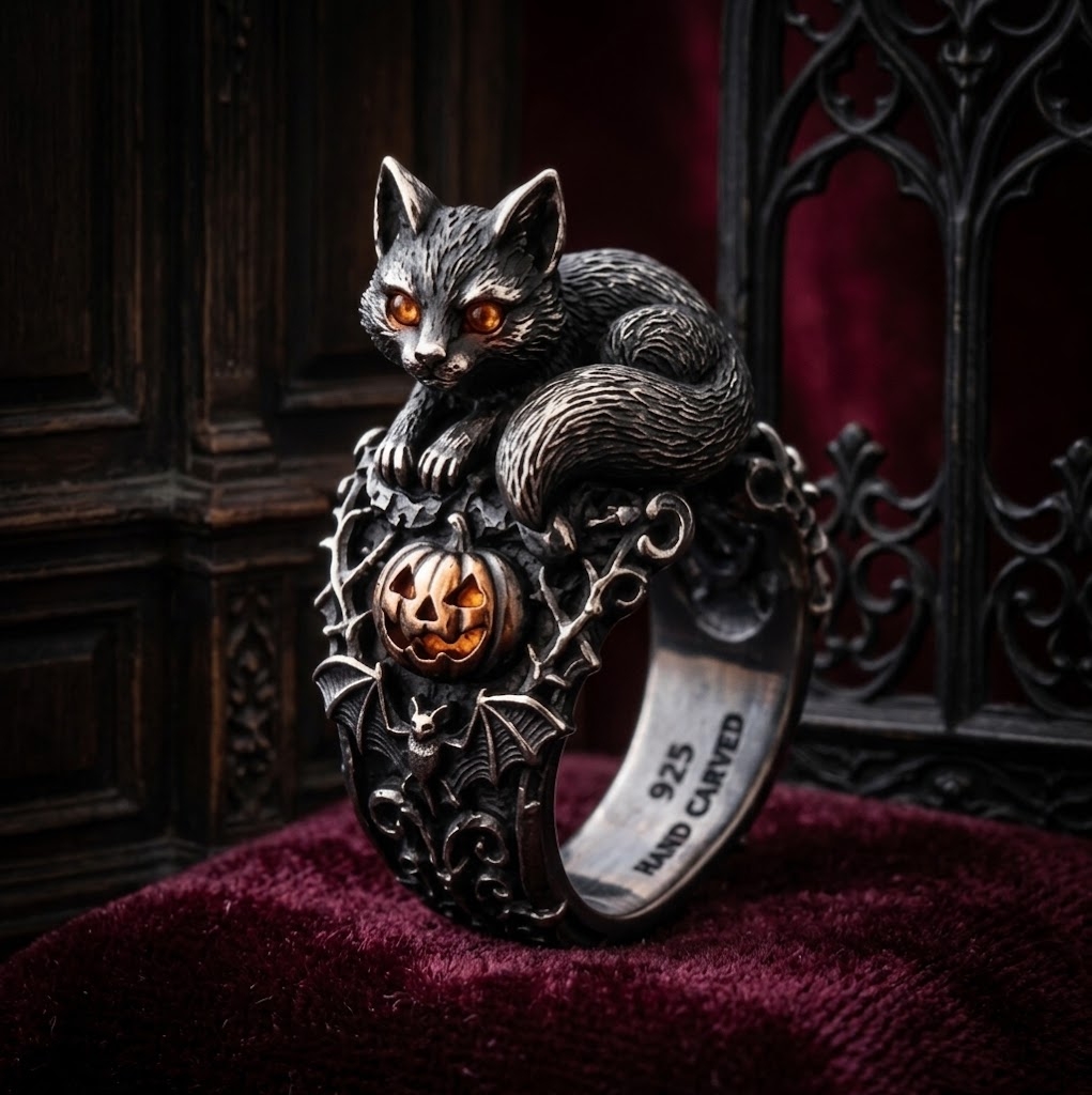 Black Cat Ring – Sculptural 925 Sterling Silver with Black Cat & Pumpkin Lantern, Gothic Halloween Jewelry - namenecklace