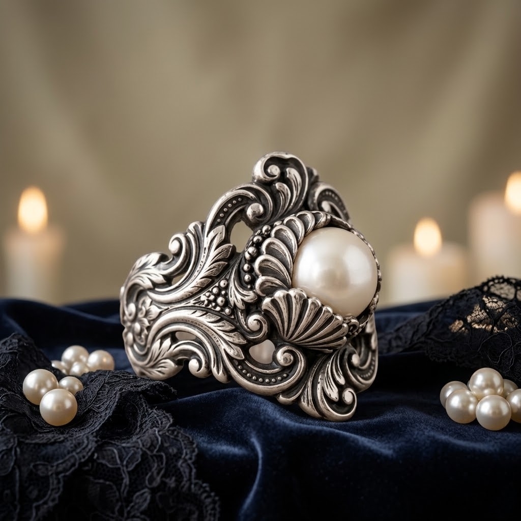 Pearl Ring – Sculptural 925 Sterling Silver with Ornate Scrollwork & Pearl, Vintage Court Jewelry - namenecklace