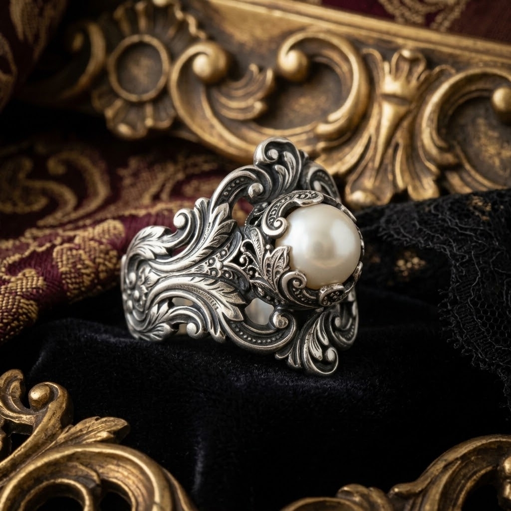 Pearl Ring – Sculptural 925 Sterling Silver with Ornate Scrollwork & Pearl, Vintage Court Jewelry - namenecklace