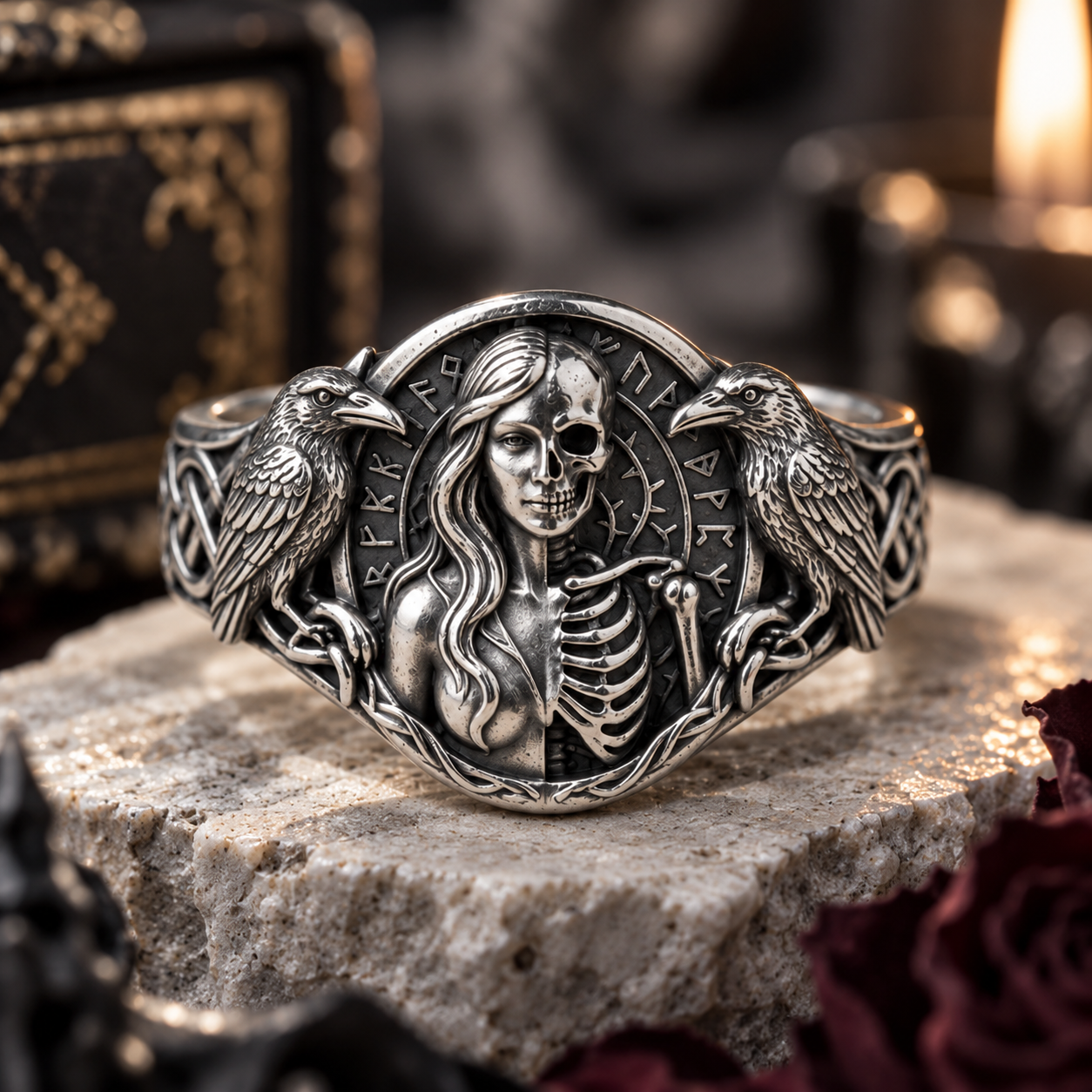Nordic Life & Death Ring – Sculptural 925 Sterling Silver with Norse Runes & Dual-Wolf Motif - namenecklace