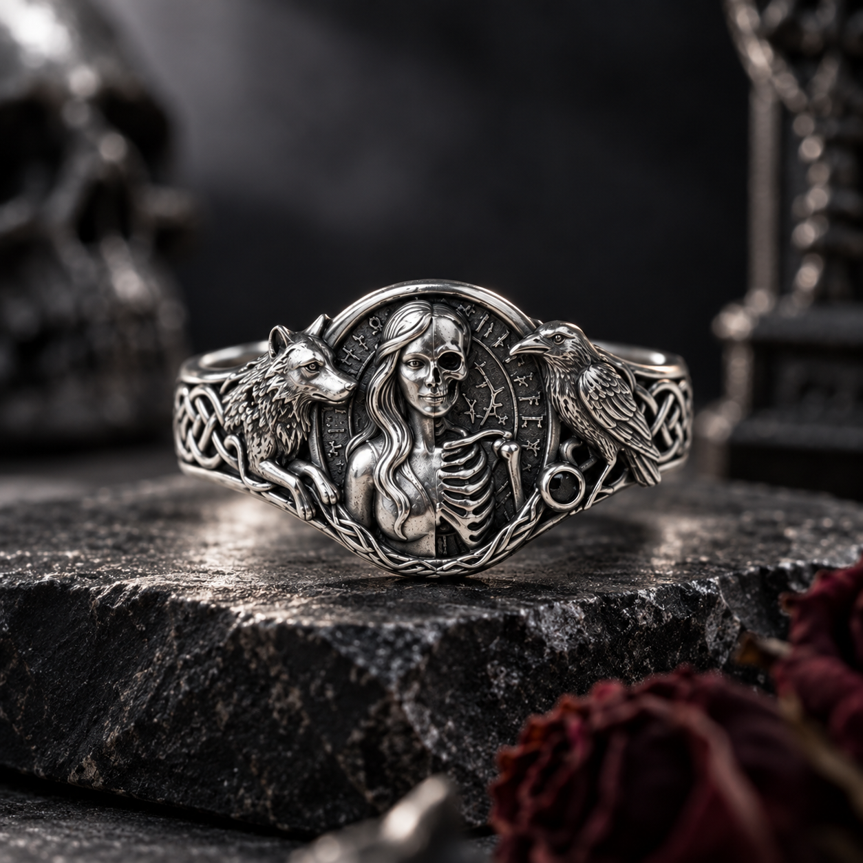 Nordic Life & Death Ring – Sculptural 925 Sterling Silver with Norse Runes & Dual-Wolf Motif - namenecklace