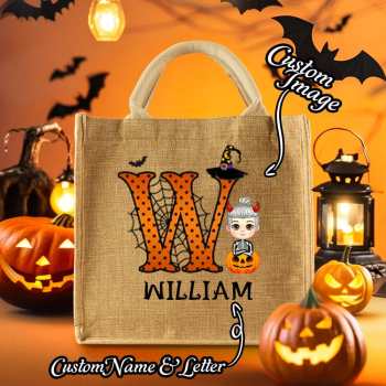 Personalized Cartoon Character Pumpkin Design Trick or Treat Candy Jute Tote Bag with Initial & Name Halloween Party Favors Gift for Kids - Giftlab
