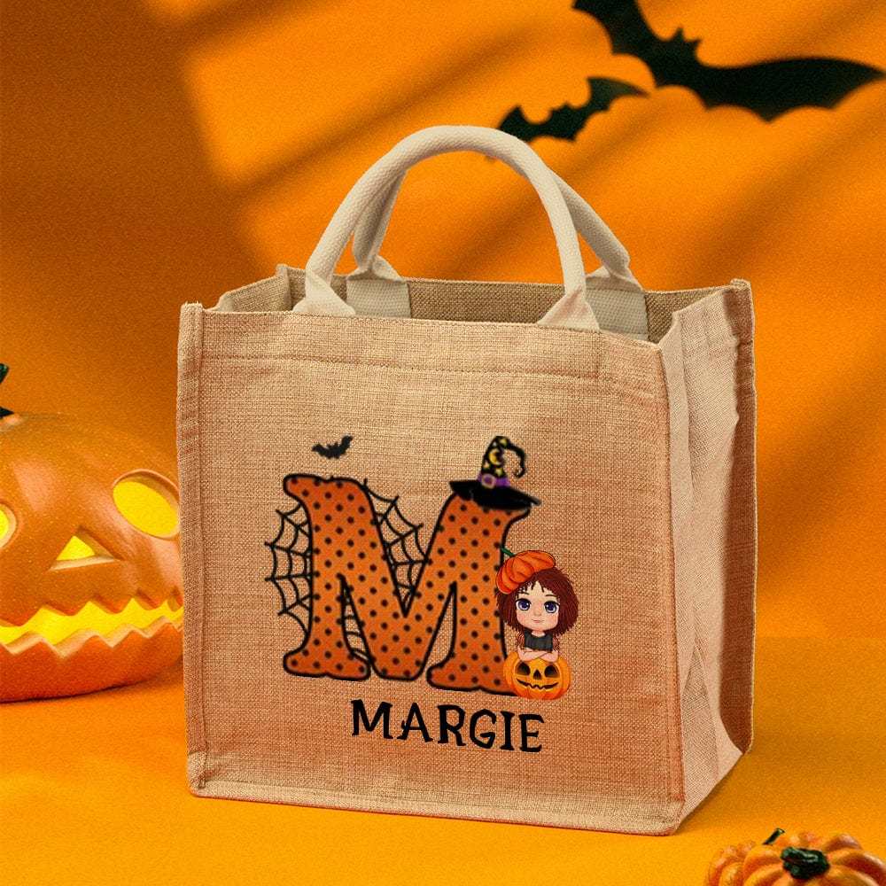 Personalized Cartoon Character Pumpkin Design Trick or Treat Candy Jute Tote Bag with Initial & Name Halloween Party Favors Gift for Kids - Giftlab