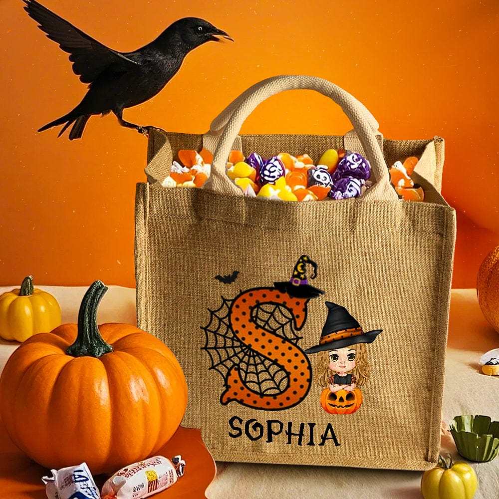 Personalized Cartoon Character Pumpkin Design Trick or Treat Candy Jute Tote Bag with Initial & Name Halloween Party Favors Gift for Kids - Giftlab