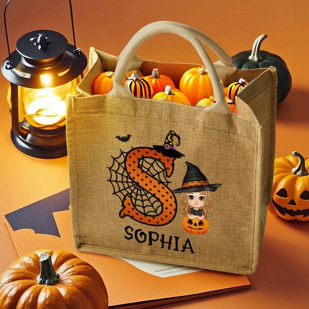 Personalized Cartoon Character Pumpkin Design Trick or Treat Candy Jute Tote Bag with Initial & Name Halloween Party Favors Gift for Kids - Giftlab