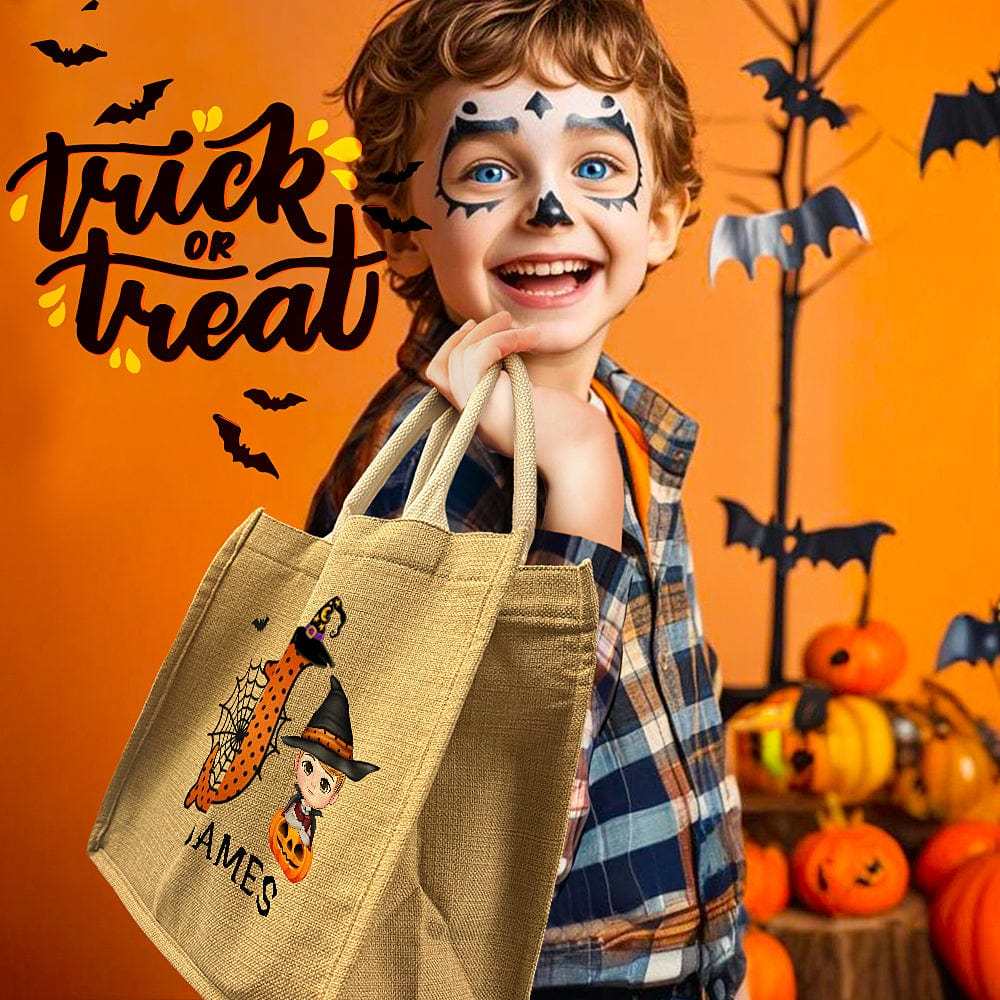 Personalized Cartoon Character Pumpkin Design Trick or Treat Candy Jute Tote Bag with Initial & Name Halloween Party Favors Gift for Kids - Giftlab