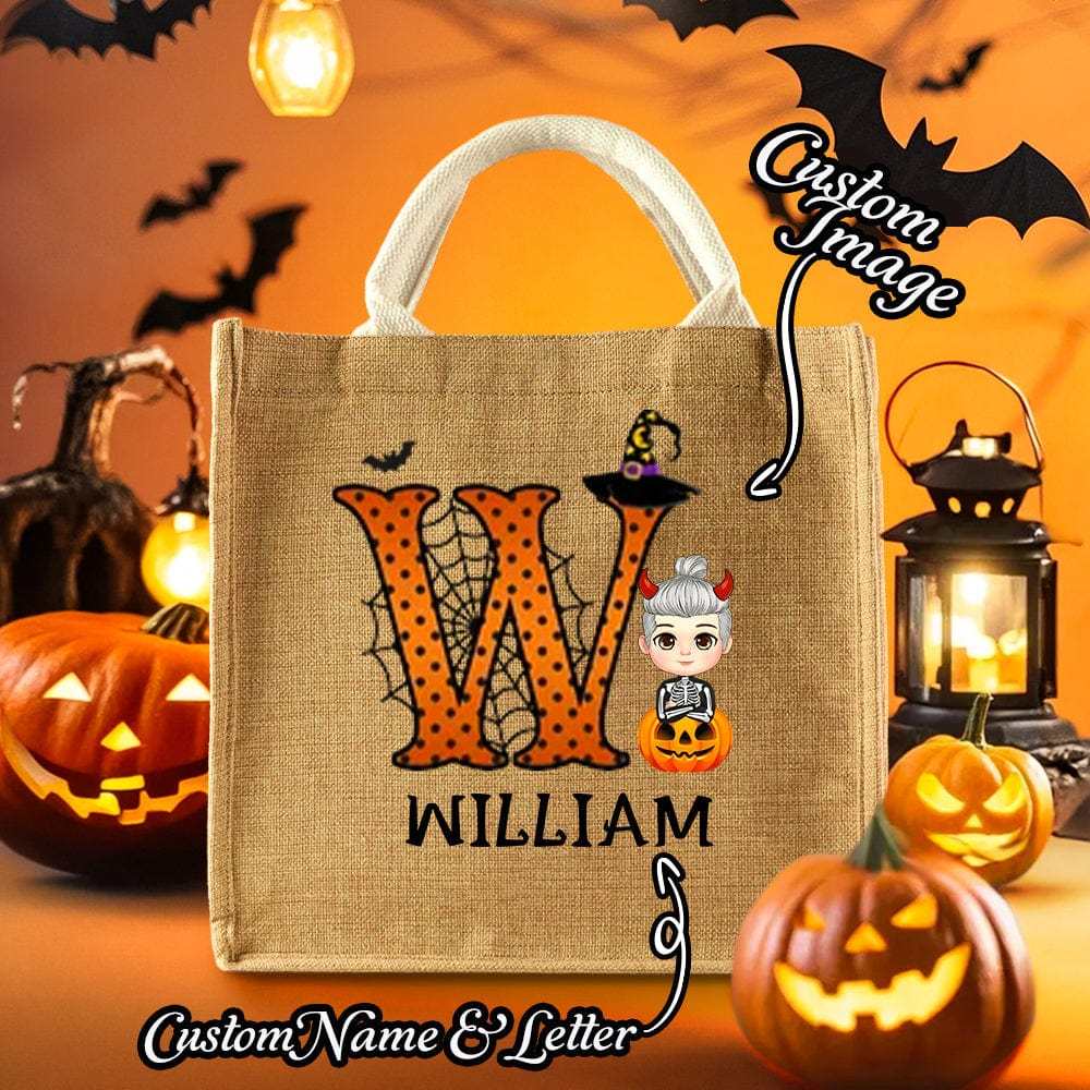 Personalized Cartoon Character Pumpkin Design Trick or Treat Candy Jute Tote Bag with Initial & Name Halloween Party Favors Gift for Kids - Giftlab