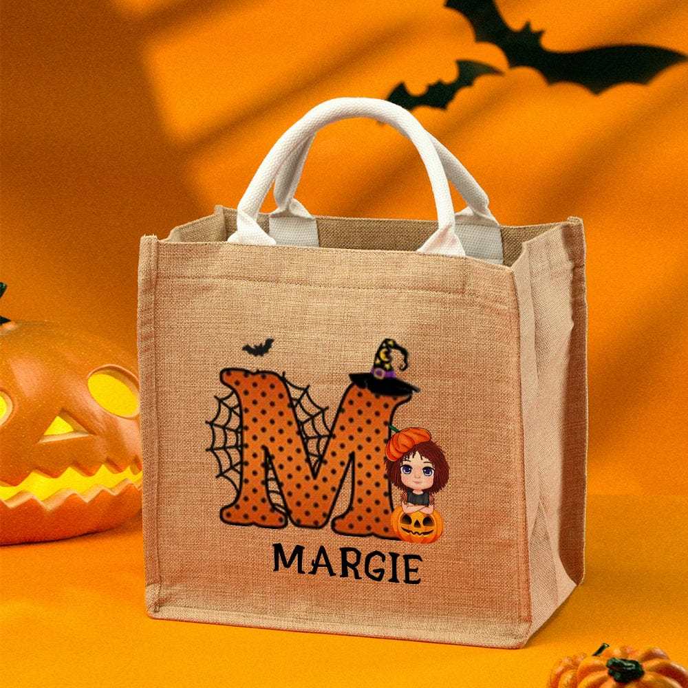 Personalized Cartoon Character Pumpkin Design Trick or Treat Candy Jute Tote Bag with Initial & Name Halloween Party Favors Gift for Kids - Giftlab