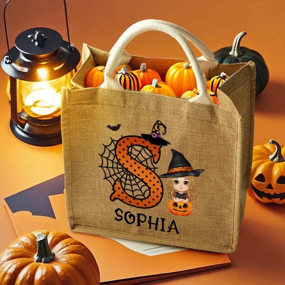 Personalized Cartoon Character Pumpkin Design Trick or Treat Candy Jute Tote Bag with Initial & Name Halloween Party Favors Gift for Kids - Giftlab