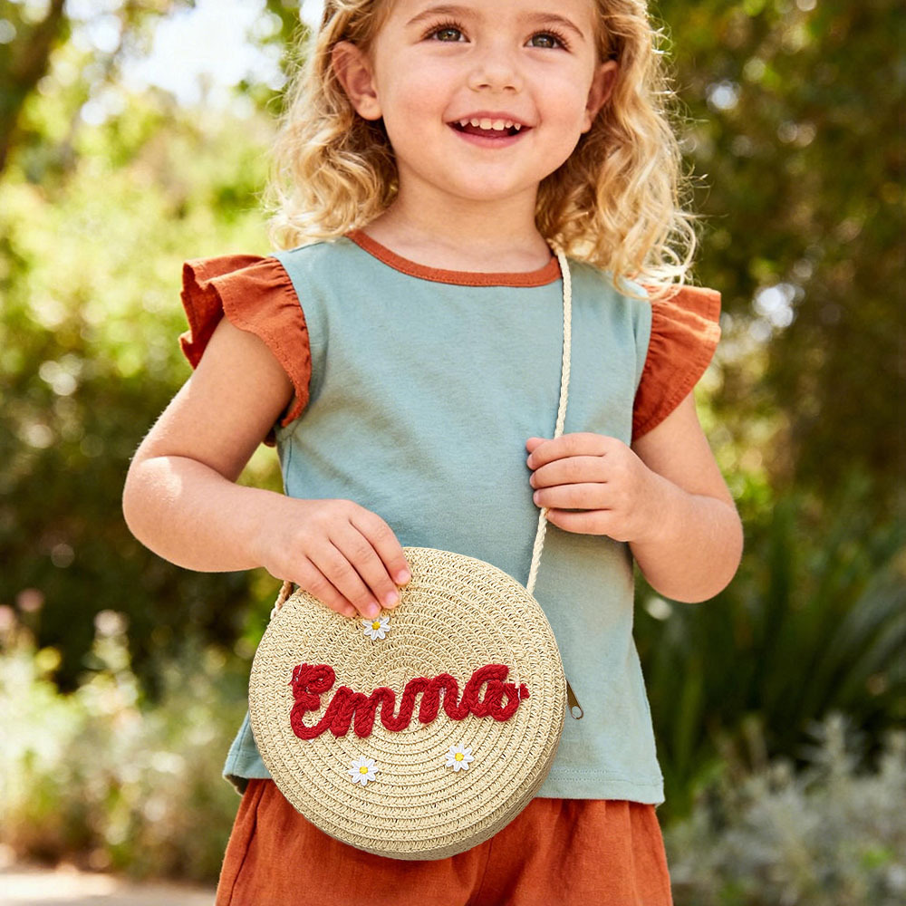 Personalized Kids' Flower Straw Cross-body Bag Custom Name Flower Straw Bag Cute Woven Straw Bag for Kids with Name Gift for Girls