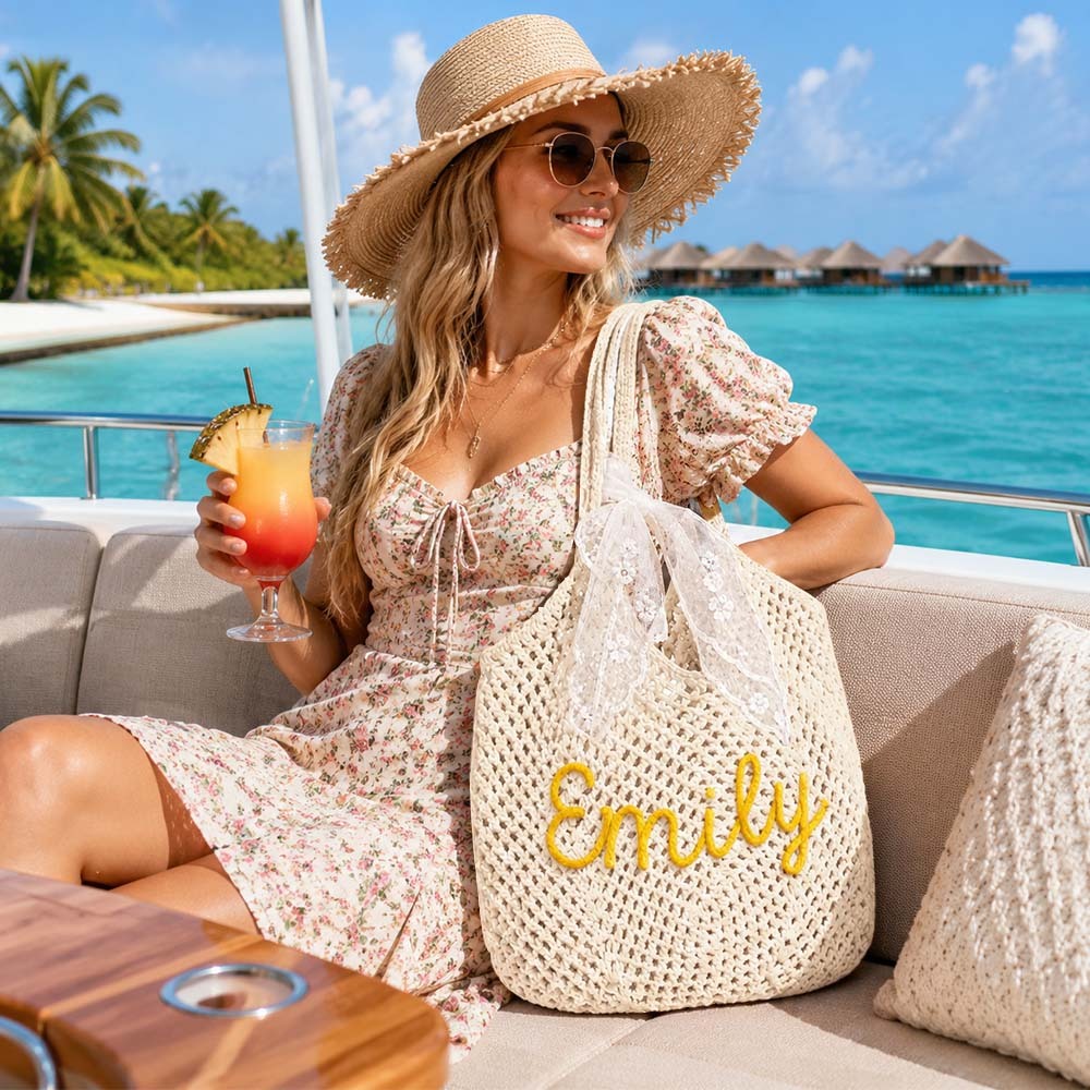 Personalized Crochet Beach Bag with Custom Name Monogrammed Straw Style Mesh Bag for Summer Vacation Hand Knit Name Tote Bag