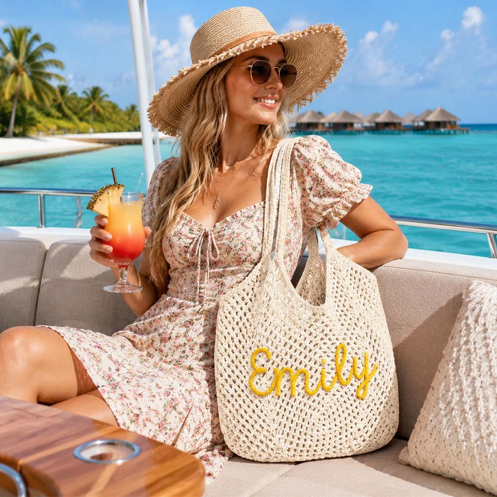Personalized Crochet Beach Bag with Custom Name Monogrammed Straw Style Mesh Bag for Summer Vacation Hand Knit Name Tote Bag