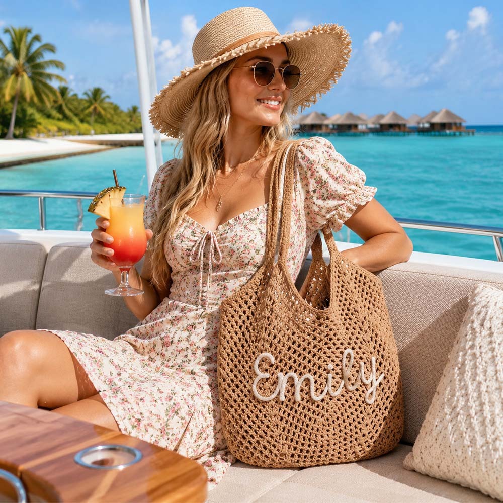 Personalized Crochet Beach Bag with Custom Name Monogrammed Straw Style Mesh Bag for Summer Vacation Hand Knit Name Tote Bag