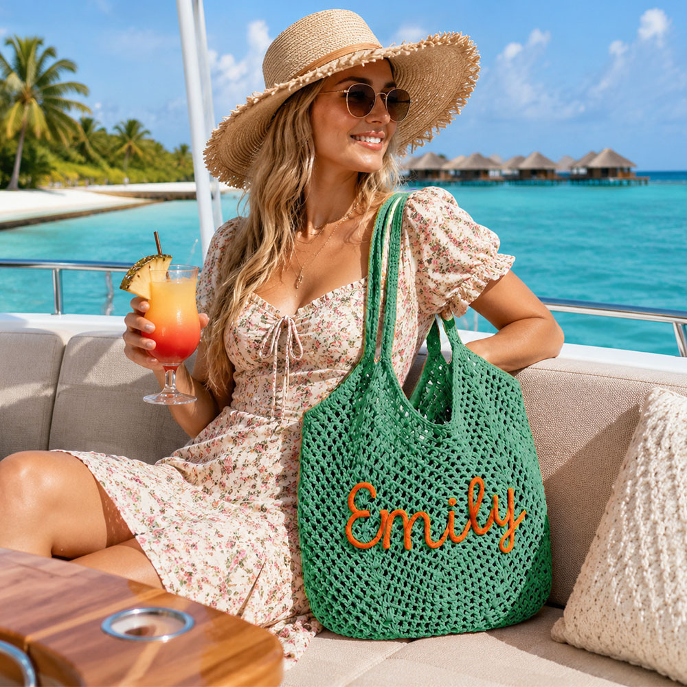 Personalized Crochet Beach Bag with Custom Name Monogrammed Straw Style Mesh Bag for Summer Vacation Hand Knit Name Tote Bag