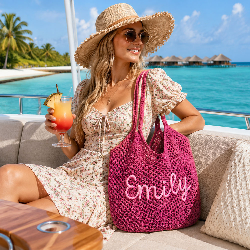 Personalized Crochet Beach Bag with Custom Name Monogrammed Straw Style Mesh Bag for Summer Vacation Hand Knit Name Tote Bag