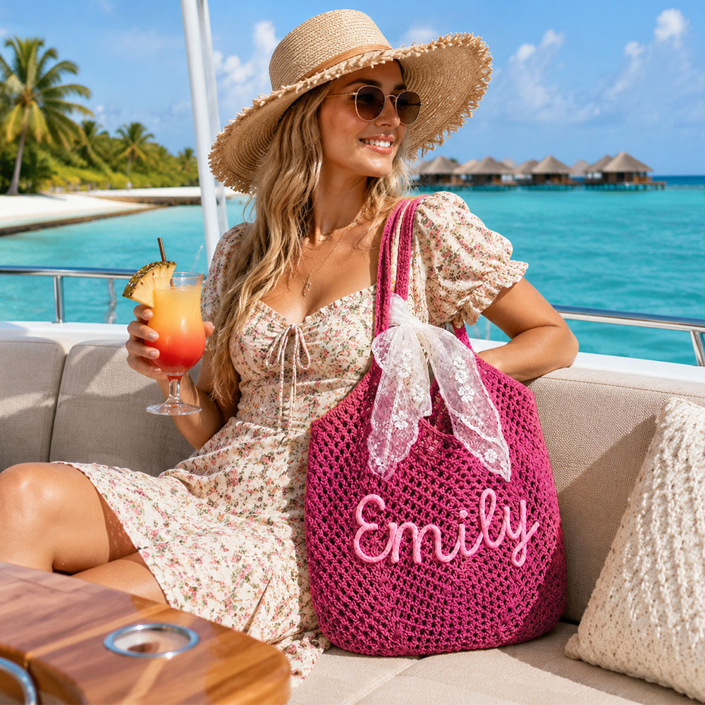 Personalized Crochet Beach Bag with Custom Name Monogrammed Straw Style Mesh Bag for Summer Vacation Hand Knit Name Tote Bag