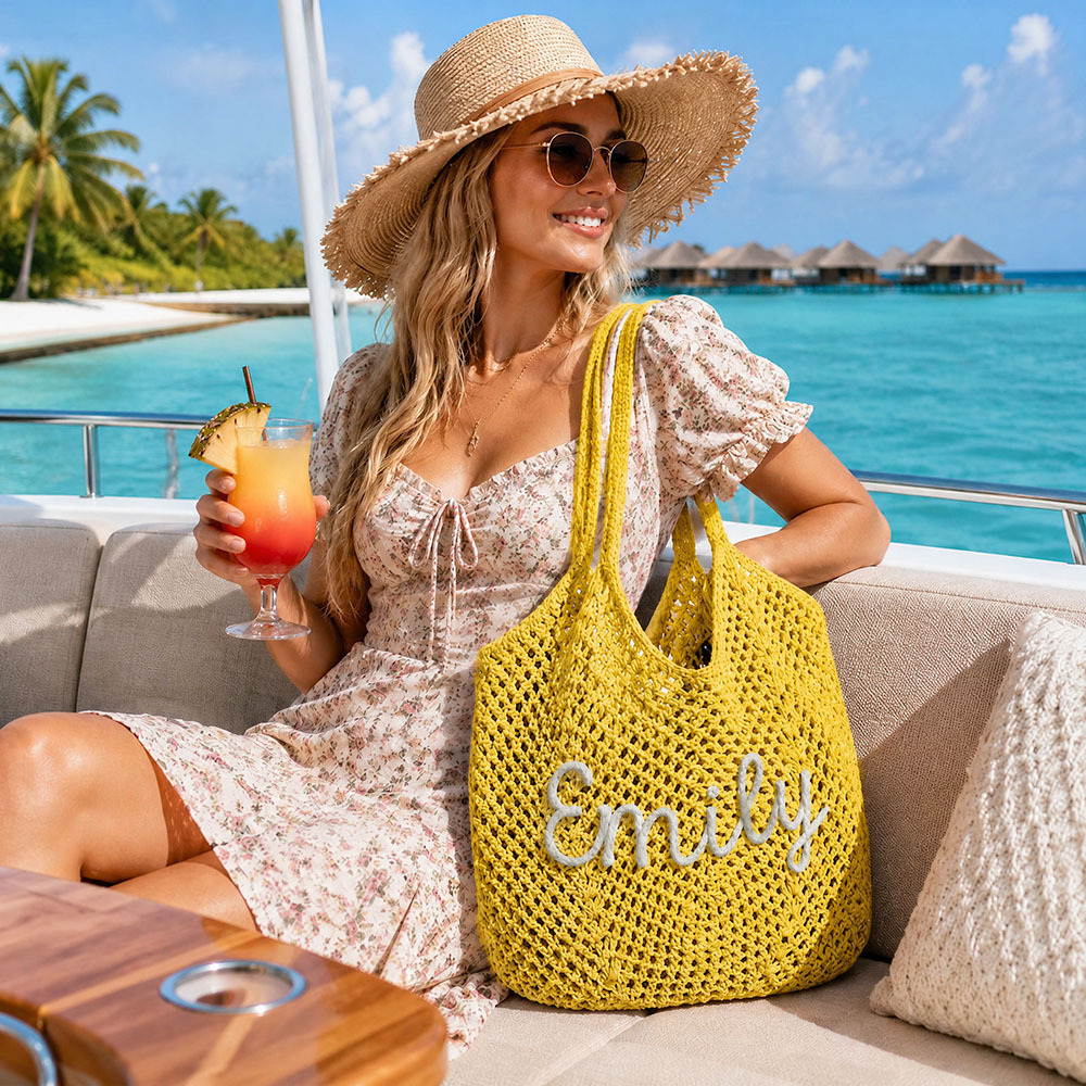 Personalized Crochet Beach Bag with Custom Name Monogrammed Straw Style Mesh Bag for Summer Vacation Hand Knit Name Tote Bag