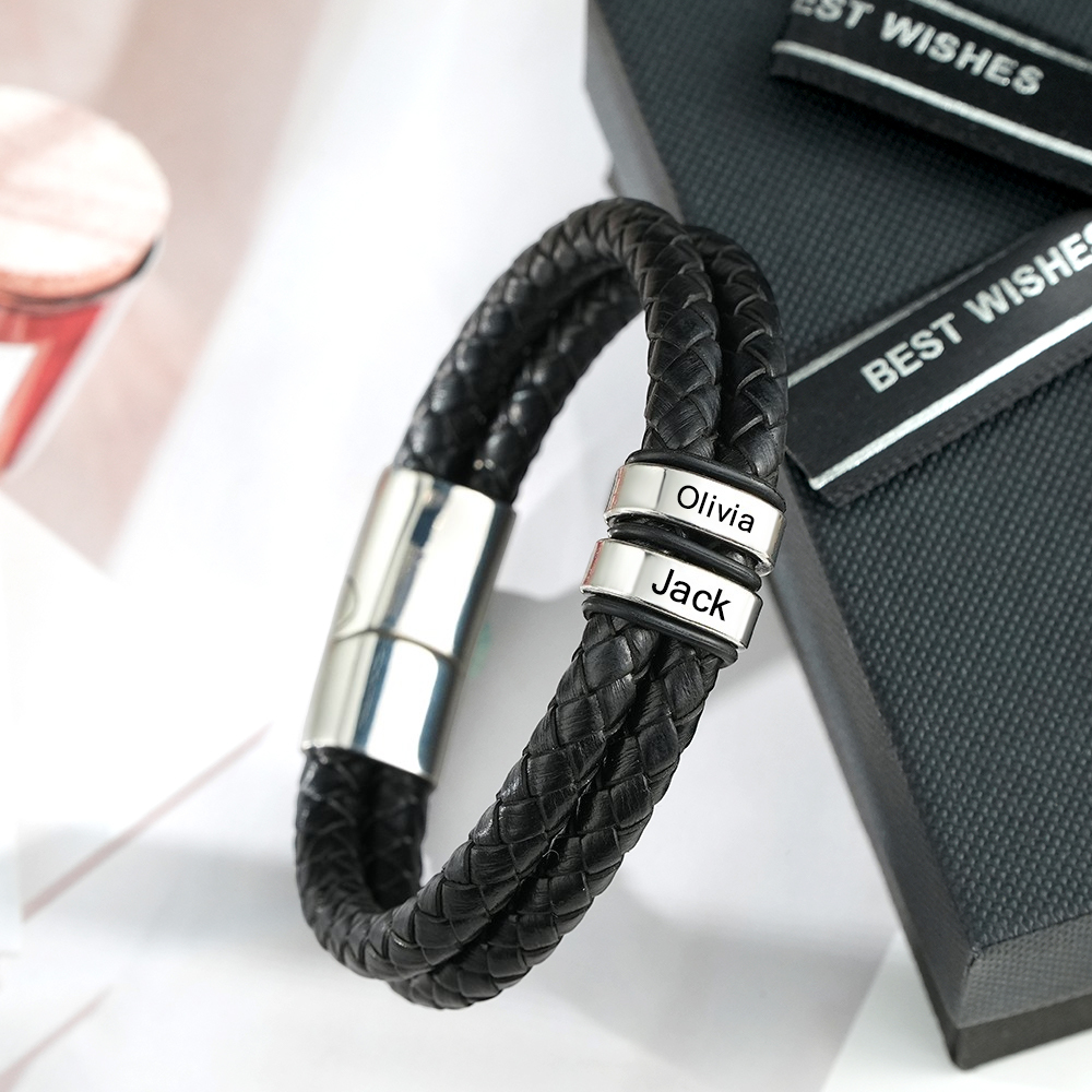 Personalized Engraved Leather Bracelet Custom Bead Braided Leather Bracelet