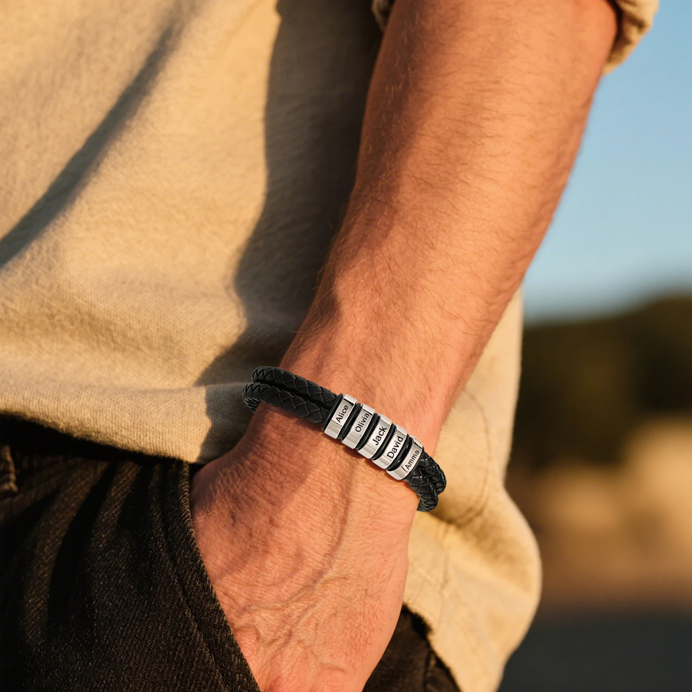 Personalized Engraved Leather Bracelet Custom Bead Braided Leather Bracelet