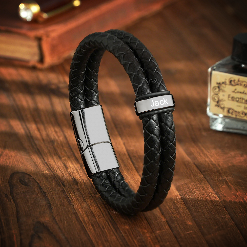 Personalized Engraved Leather Bracelet Custom Bead Braided Leather Bracelet