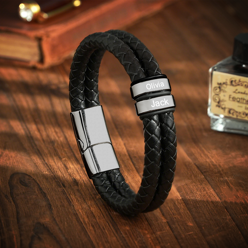 Personalized Engraved Leather Bracelet Custom Bead Braided Leather Bracelet