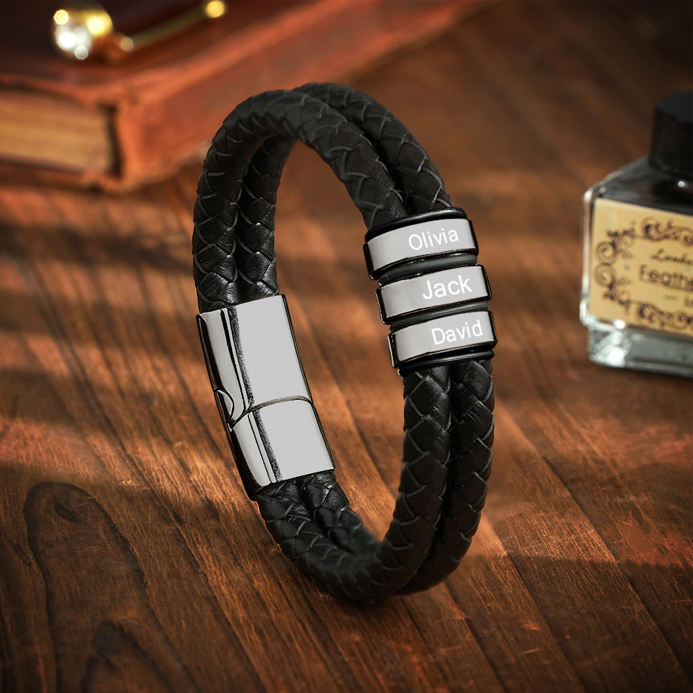 Personalized Engraved Leather Bracelet Custom Bead Braided Leather Bracelet