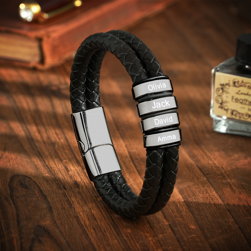 Personalized Engraved Leather Bracelet Custom Bead Braided Leather Bracelet