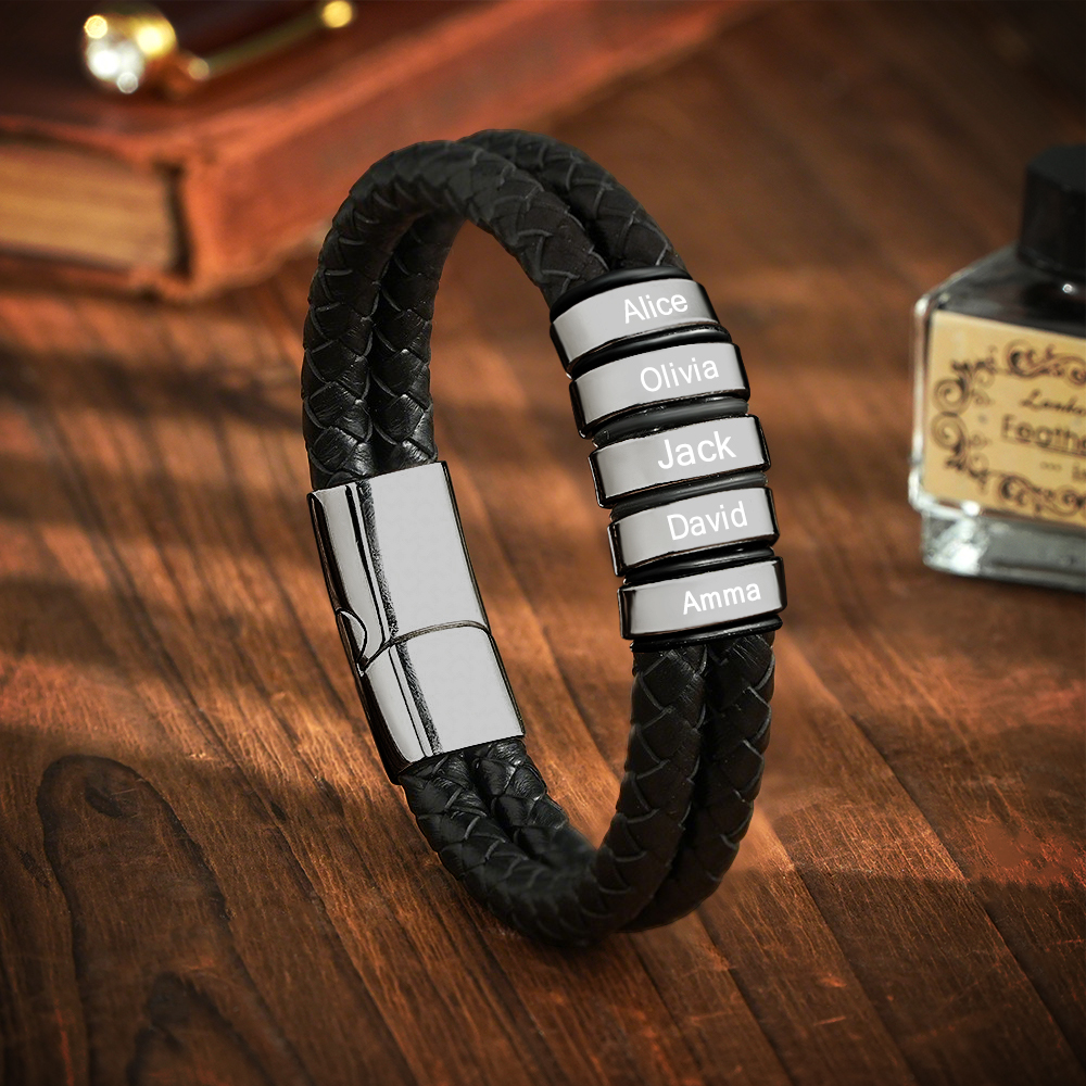 Personalized Engraved Leather Bracelet Custom Bead Braided Leather Bracelet