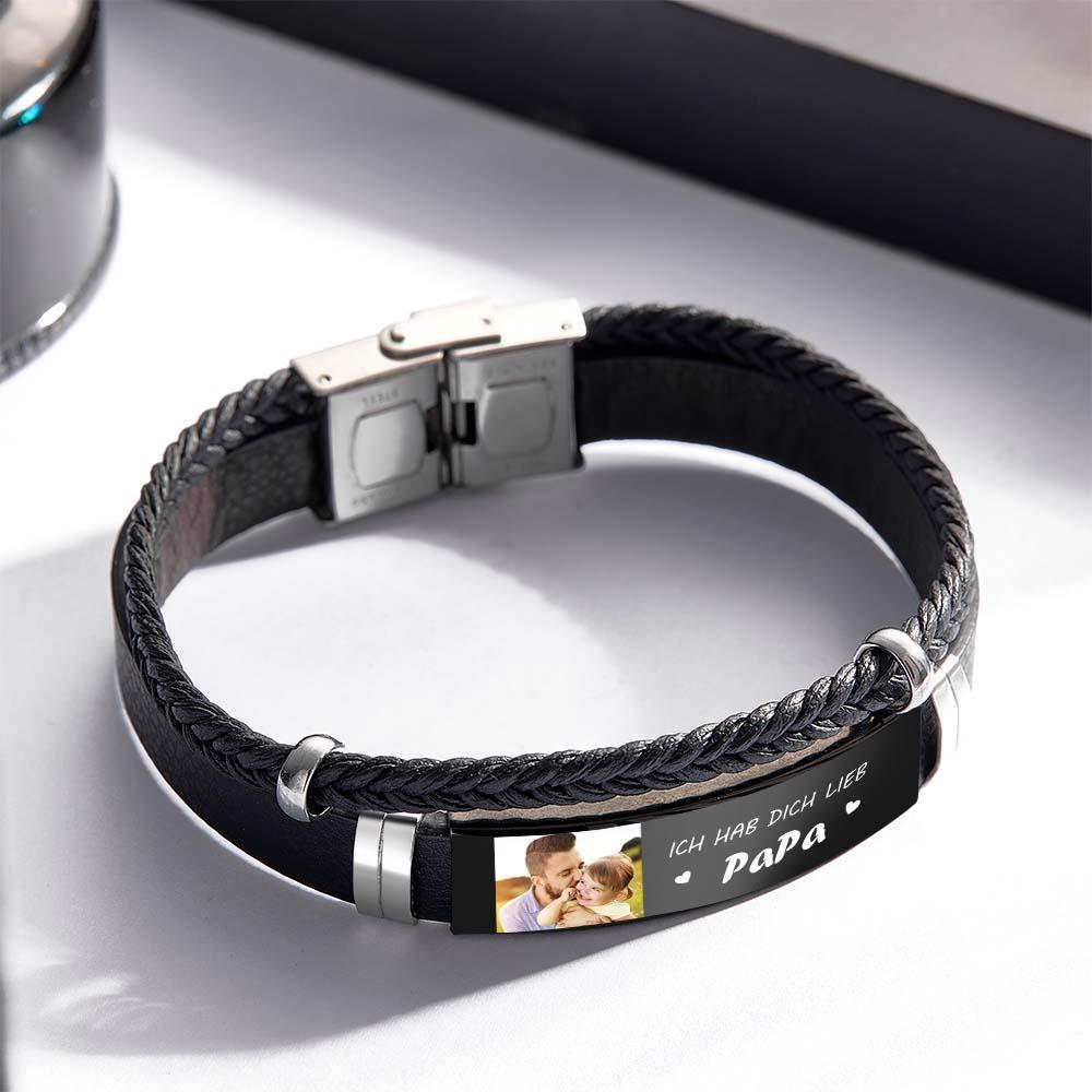 Personalized Photo Leather Bracelet With Text Braided Bangle Father's Day Gifts - NameNecklace