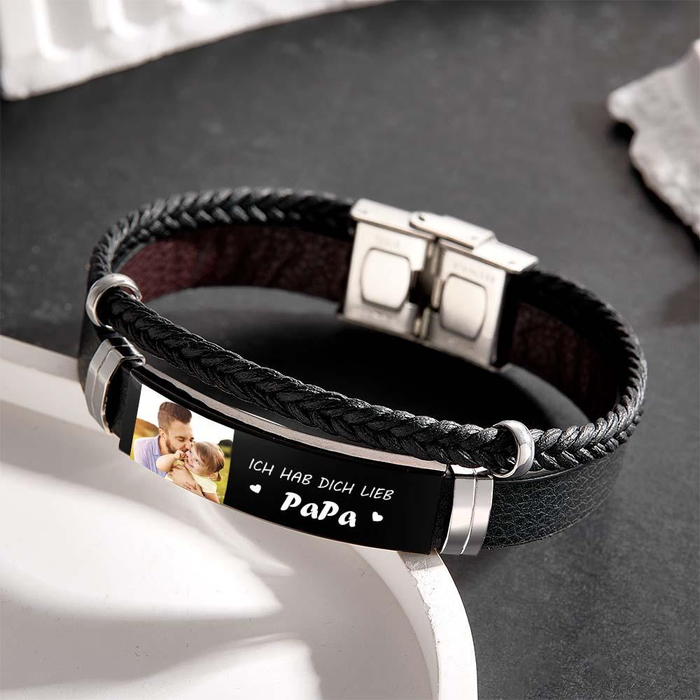 Personalized Photo Leather Bracelet With Text Braided Bangle Father's Day Gifts - NameNecklace