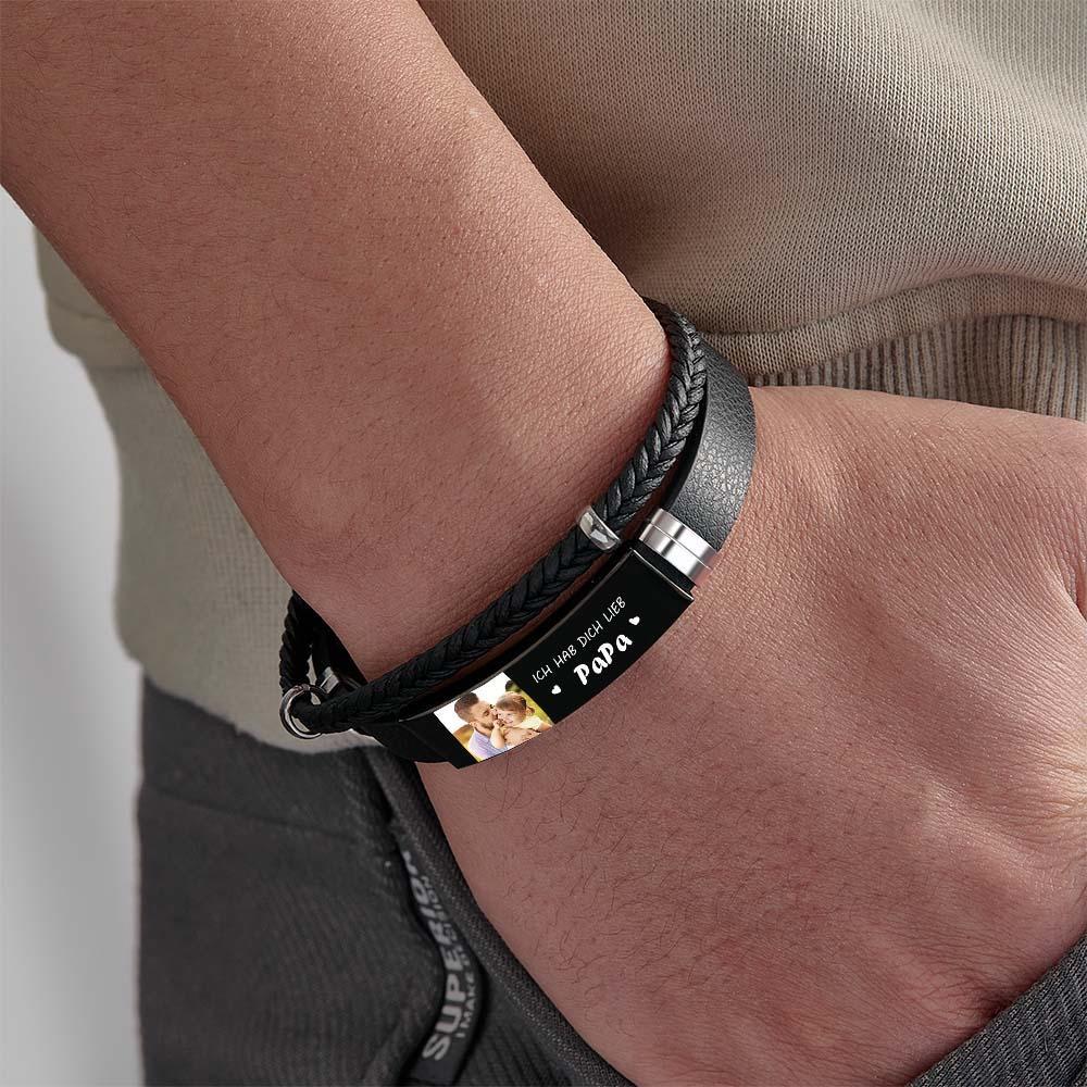 Personalized Photo Leather Bracelet With Text Braided Bangle Father's Day Gifts - NameNecklace