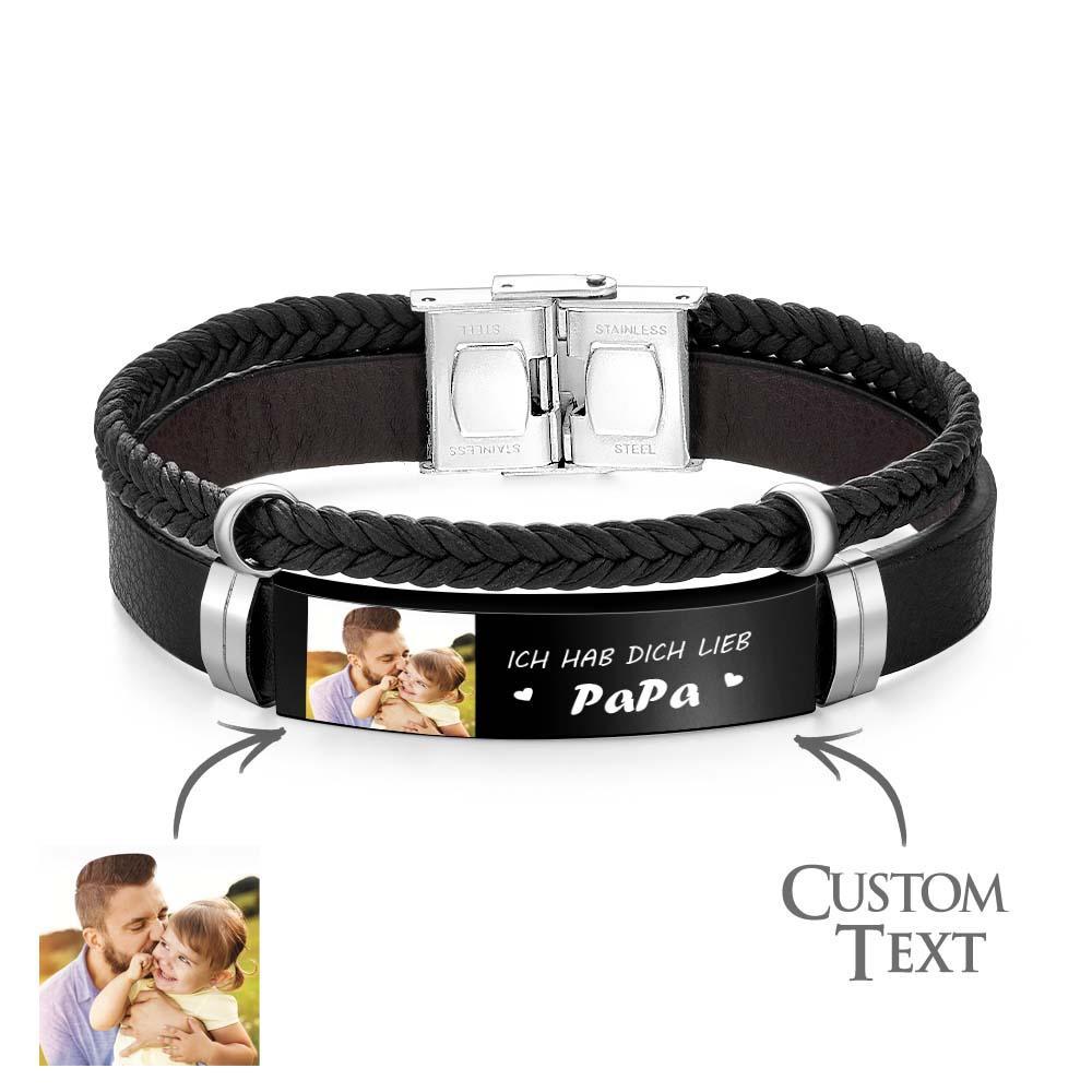 Personalized Photo Leather Bracelet With Text Braided Bangle Father's Day Gifts - NameNecklace