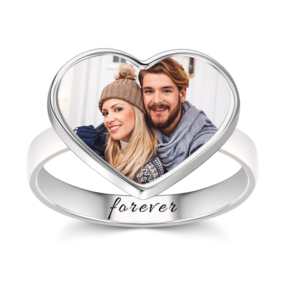 Women's Heart Photo Ring With Engraving Silver
