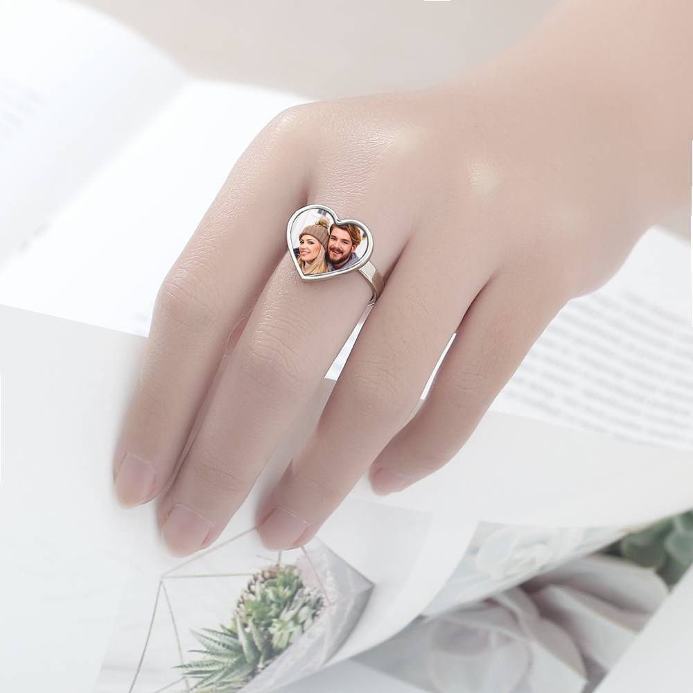 Women's Heart Photo Ring With Engraving Silver
