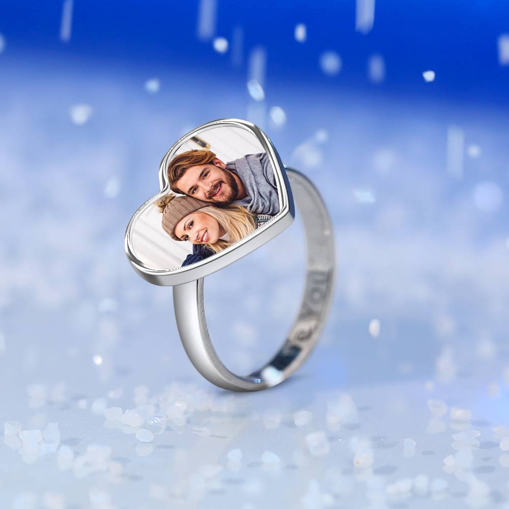 Women's Heart Photo Ring With Engraving Silver