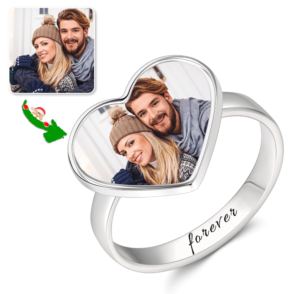 Women's Heart Photo Ring With Engraving Silver