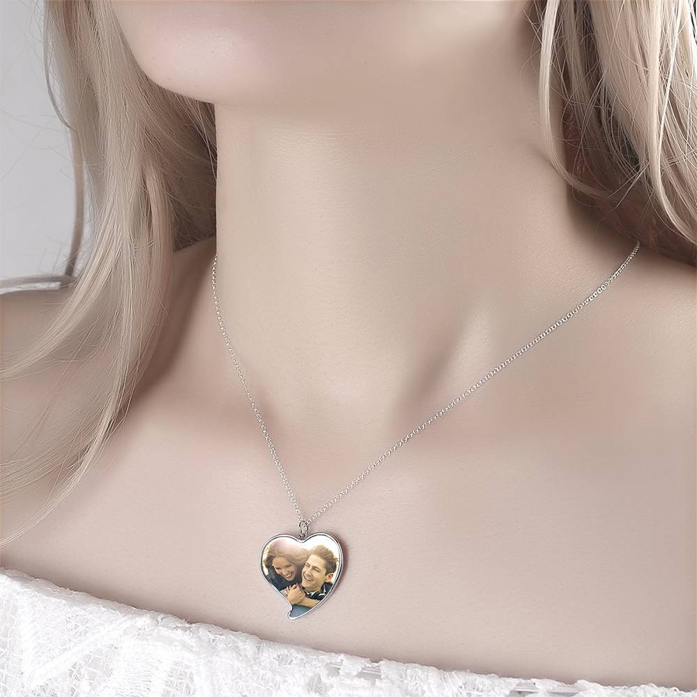 Engraved Heart Tag Photo Necklace Silver
