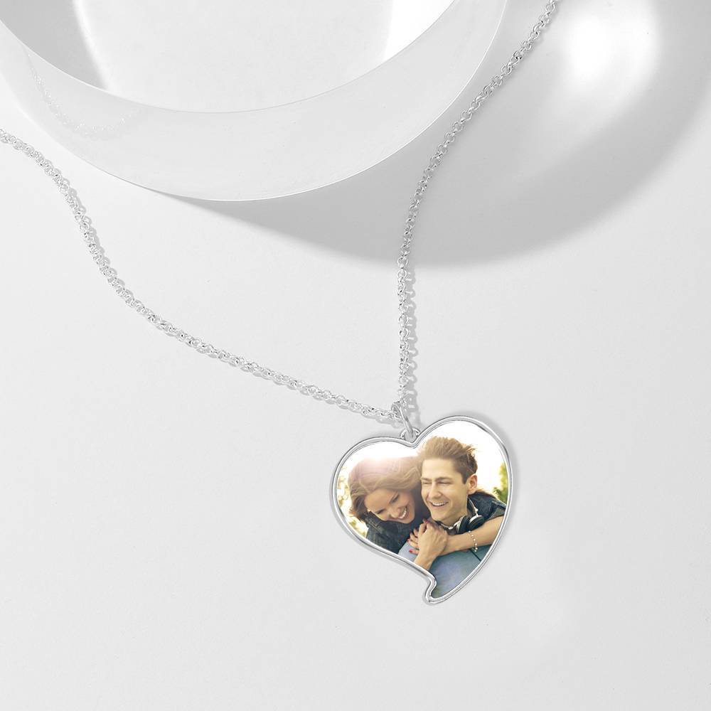 Engraved Heart Tag Photo Necklace Silver