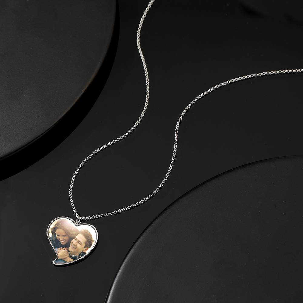Engraved Heart Tag Photo Necklace Silver
