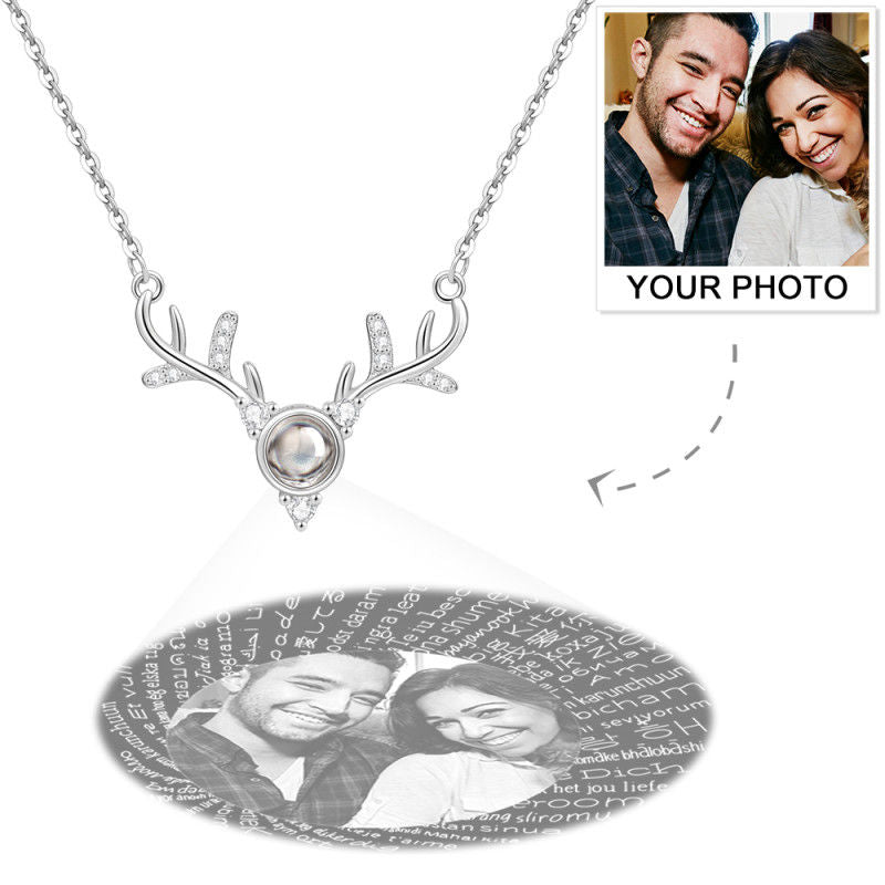 Personalized Projection 100 Languages Says I Love You Antlers Photo Engraved Necklace Silver
