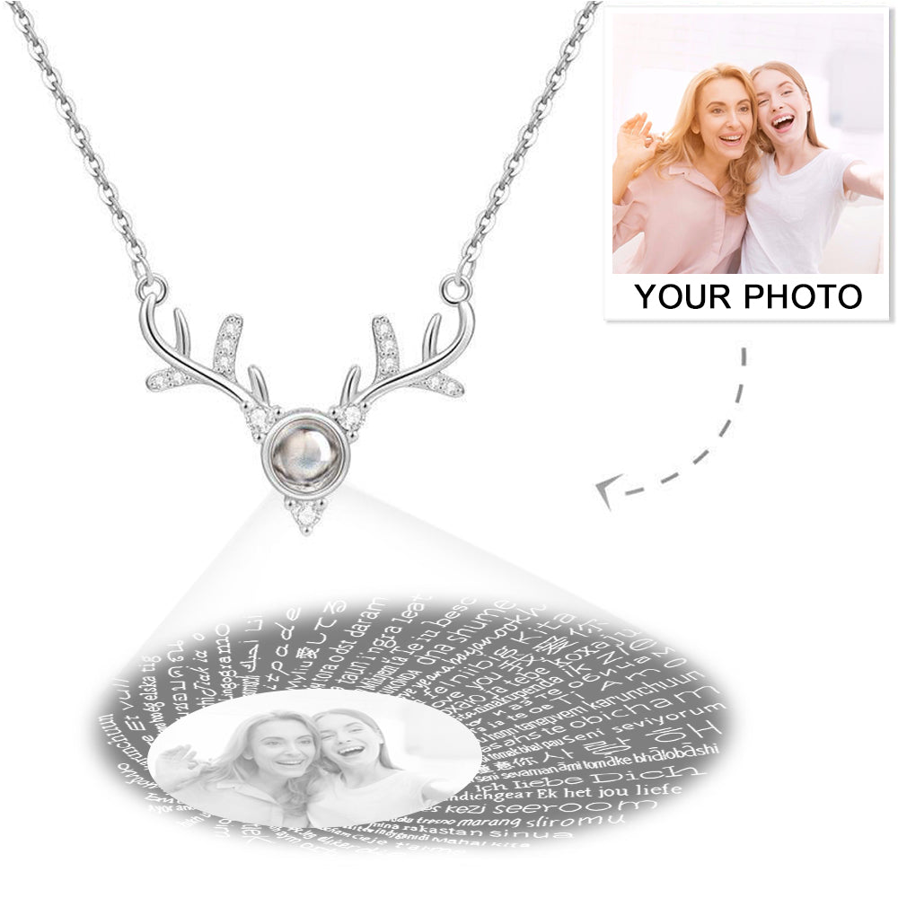 Personalized Projection 100 Languages Says I Love You Antlers Photo Engraved Necklace Silver