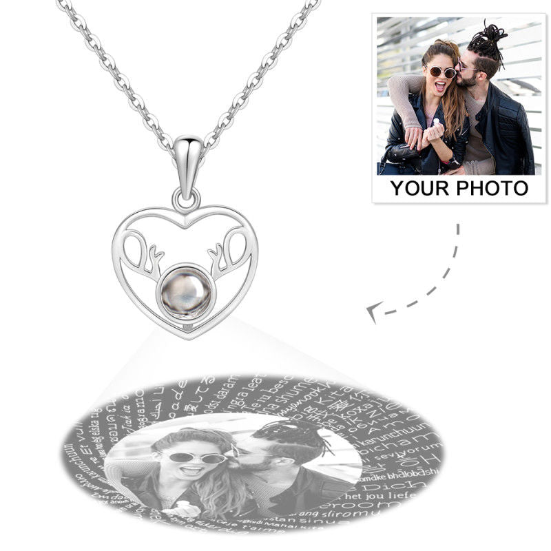 Personalized Projection 100 Languages Says I Love You Heart Photo Engraved Necklace Silver