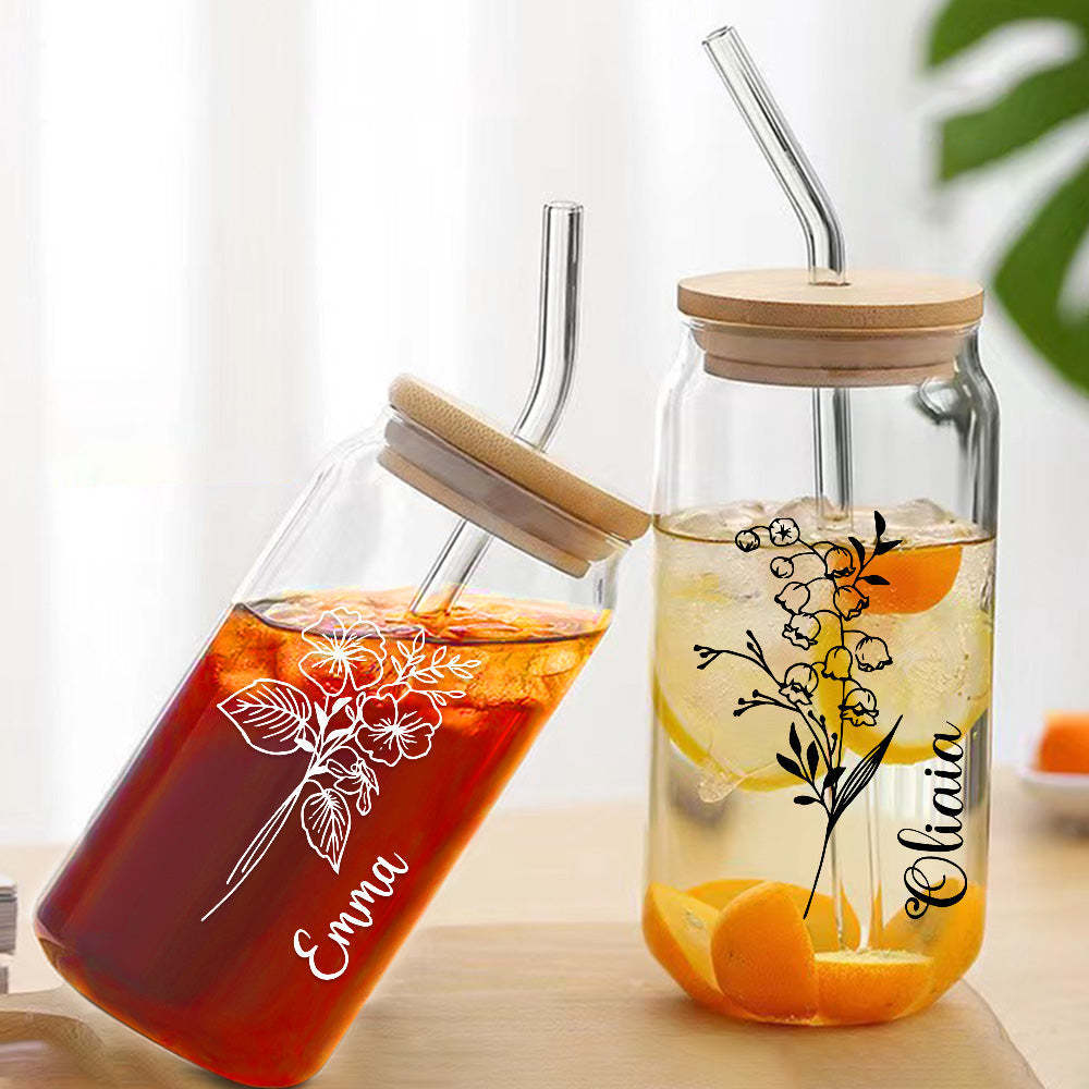 Personalized Name Can Glass with Birth Flower Custom Can Glass with Straw Gift for Mother Friends Family Bridesmaid - NameNecklace