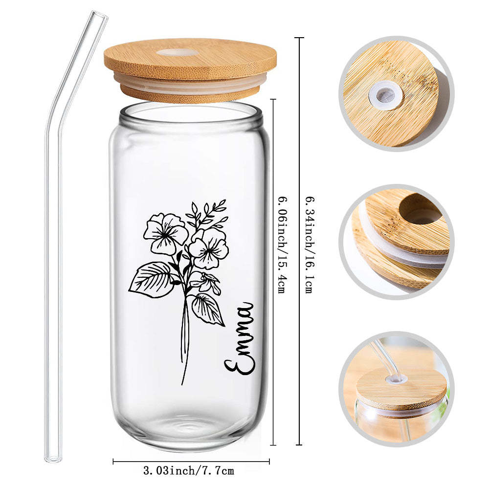 Personalized Name Can Glass with Birth Flower Custom Can Glass with Straw Gift for Mother Friends Family Bridesmaid - NameNecklace