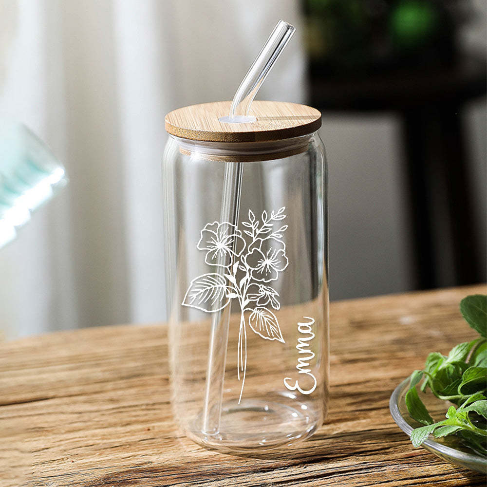 Personalized Name Can Glass with Birth Flower Custom Can Glass with Straw Gift for Mother Friends Family Bridesmaid - NameNecklace