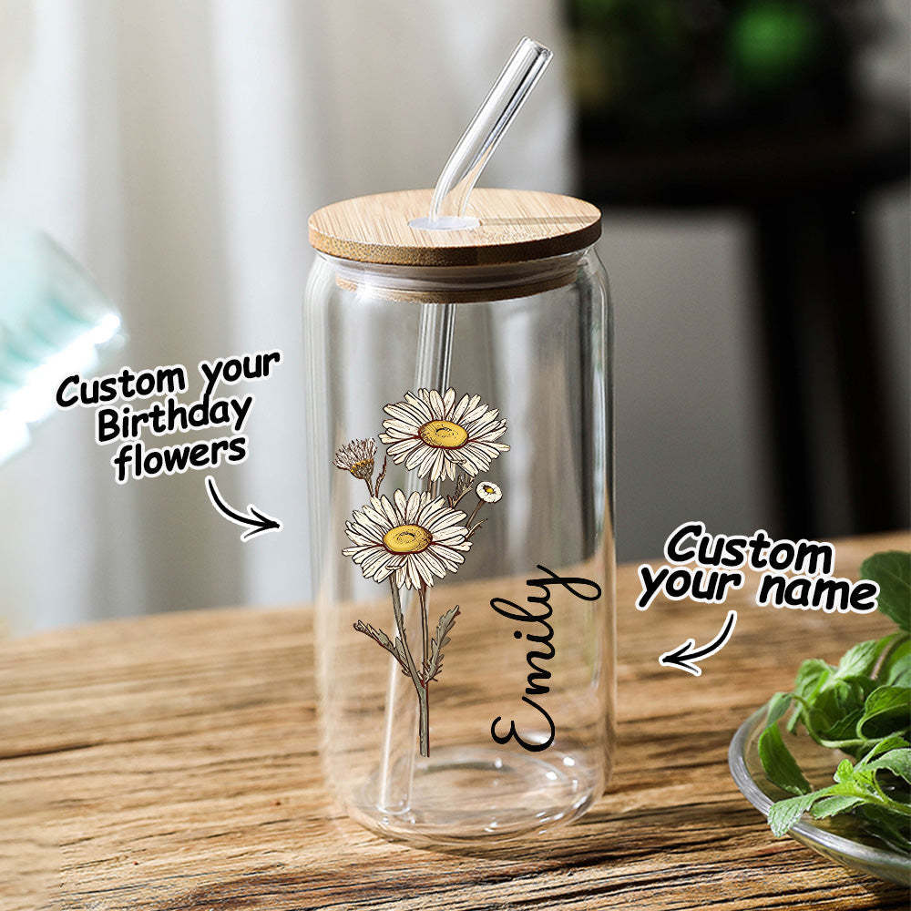 Personalized Name Can Glass with Colorful Birth Flower Custom Can Glass with Straw Gift for Mother Friends Family Bridesmaid - NameNecklace