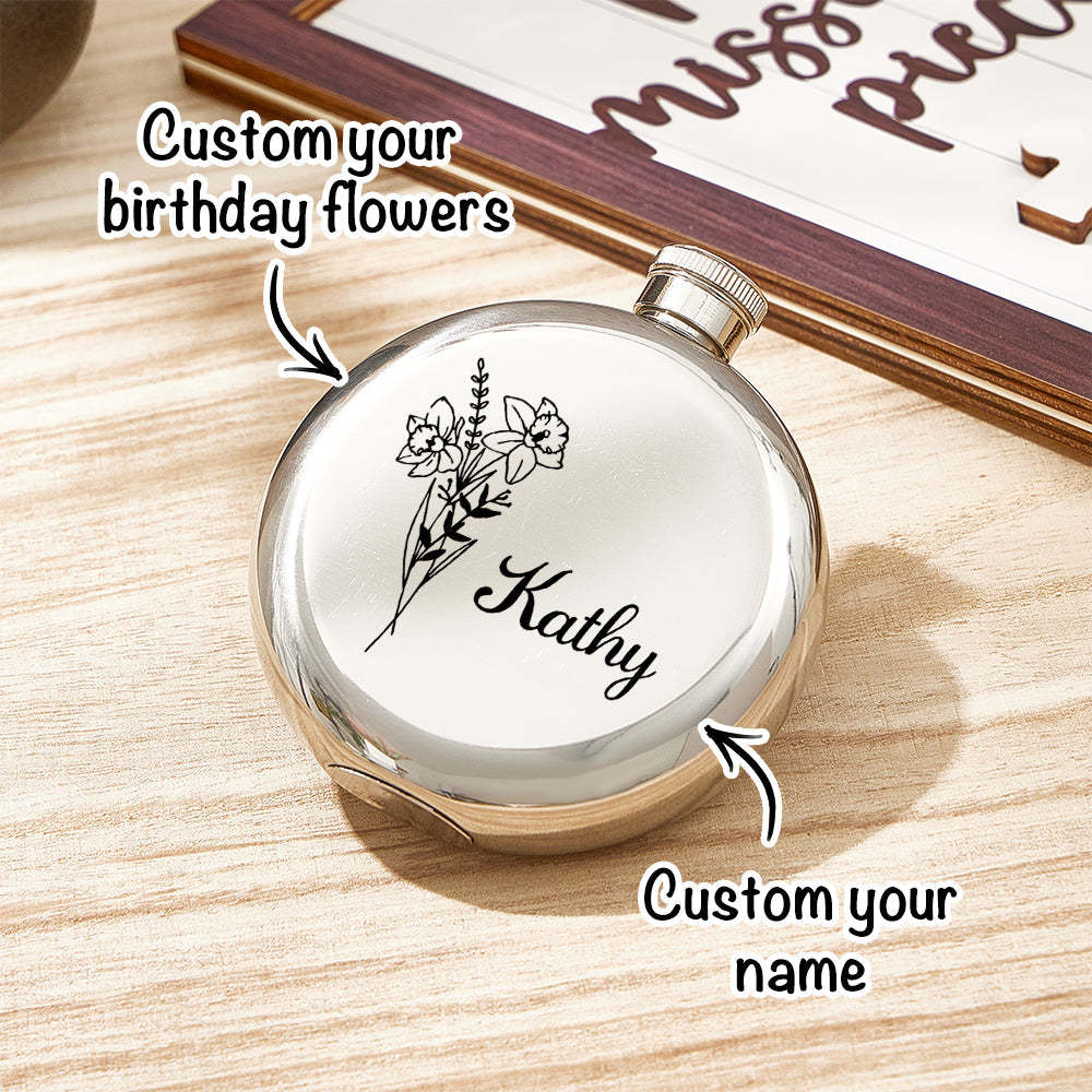 Personalized Name Flask with Birth Flower Custom Flask Gift for Bridesmaid Bachelorette Friends - NameNecklace